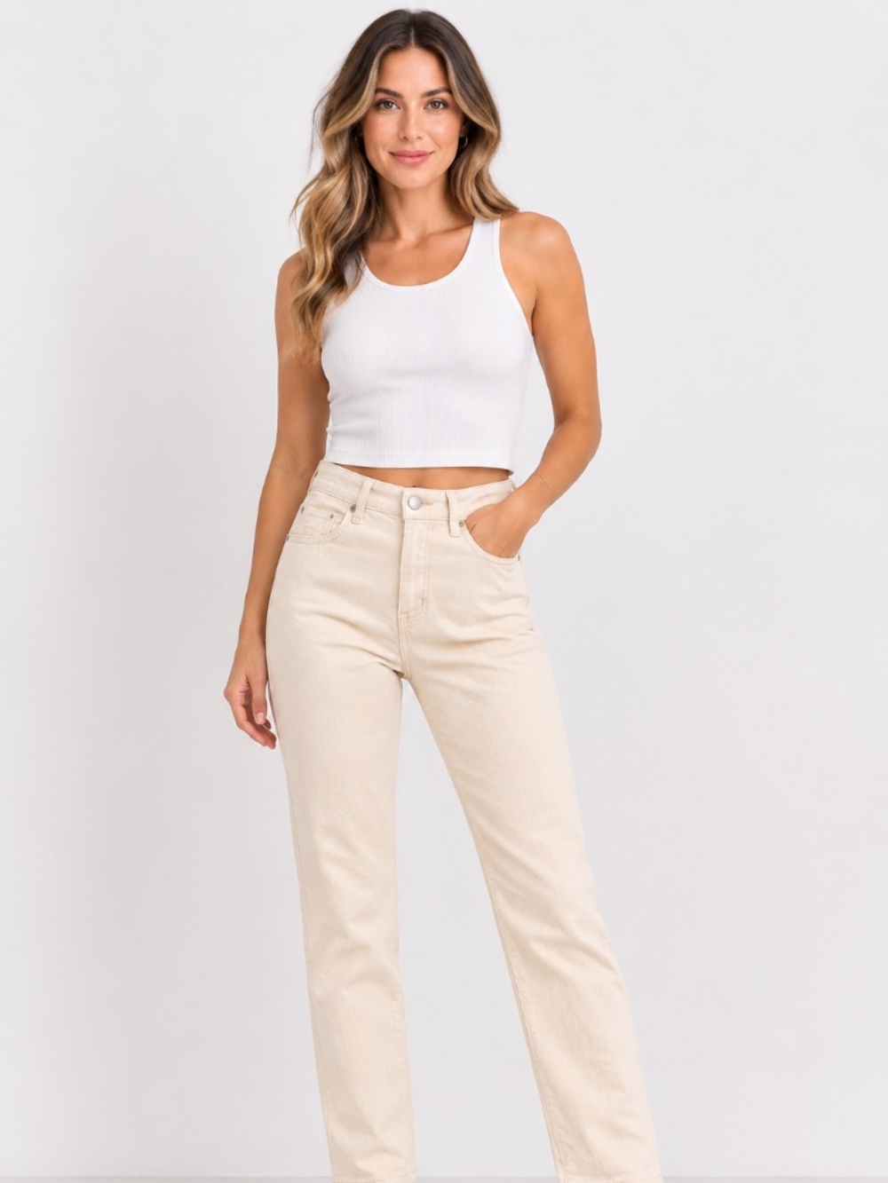 La Cinda Cream High Rise Straight Leg Jeans | Size M